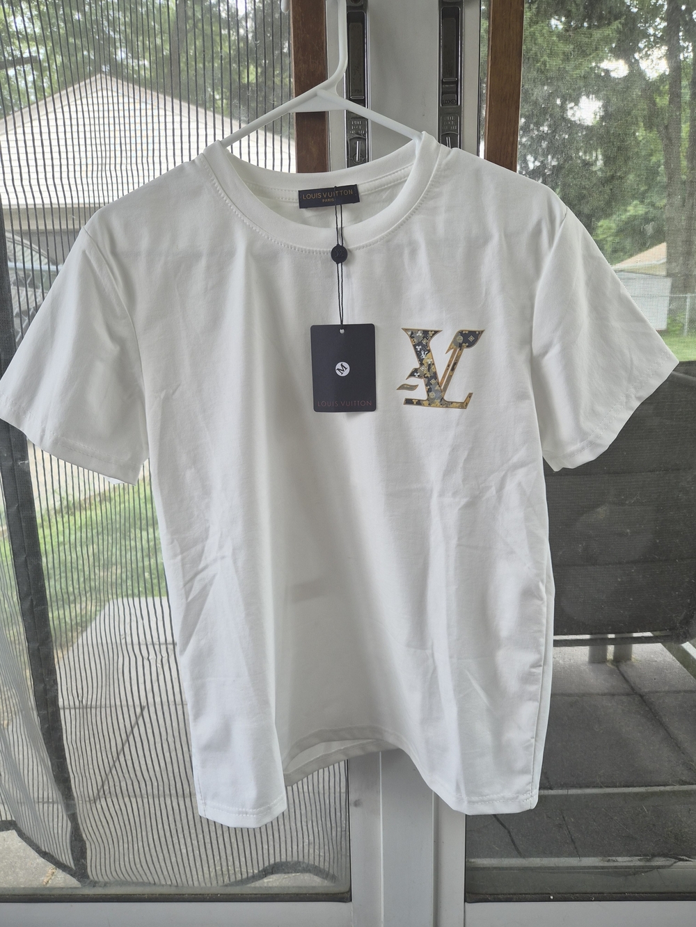 Louis Vuitton White Tee with Gold Monogram LV Patch